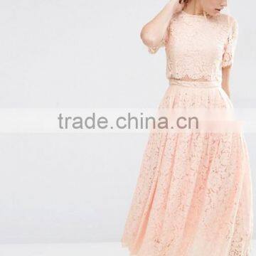 Pink Lace Crop Top and Puff Skirt Wedding Dress Girl's Short Sleeve Prom Two Piece Set photo-2