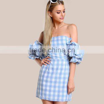 Cute Frill Puff Sleeve off the Shoulder Blue Gingham Mini Dress photo-4