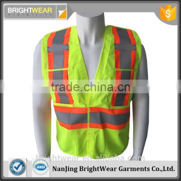 ANSI fluorescent polyester reflective safety solid vest with pockets and tapes