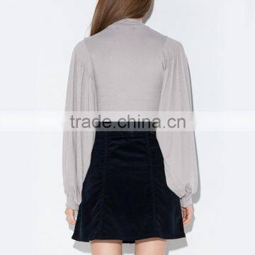 Women's OL Slim Fit High Collar Lantern Sleeve Long Sleeve Gray t Shirt photo-2