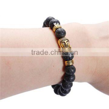 New Fashion Stone Lava Beaded Healing Bracelet Black Gold Tone Antique Gold Buddha Statue Head Elastic 22.5cm Long photo-3
