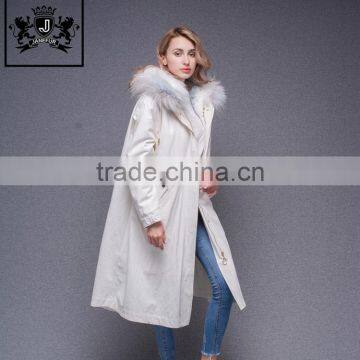 Lastest Design Winter White Coat Jacket Women Real Fur Lined Fur Parka With Fluffy Raccoon Hood and Embroidery