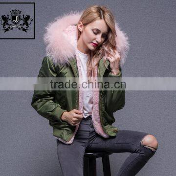 Hot Sale Winter Short Coat Big Real Raccoon Fur Hooded Faux Fur Lined Bomber Jacket For Women