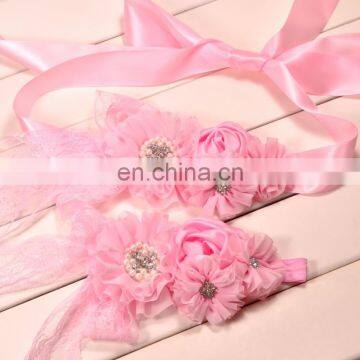 Baby Pink Satin Sash & Headband Set With Flowers Sparkly Beaded Rhinestone Sash Belt Luxe Headband For Baby Gift