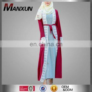 2017 Red Lace Muslim Kimono Dubai Arab Women Design Open Front Islamic Clothing Cardigan