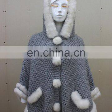 Adorable Style Rabbit Fur Knit Cape With Hat Spring Knitted Fur Shawl Sweet Girls Cute Knitting Dobby Poncho