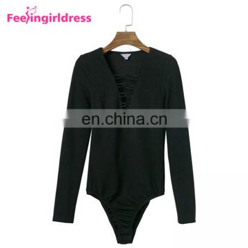 Autumn Black Long Sleeve Knitting Women Bodysuit Sexy Lace-Up Romper Custom Bandage Jumpsuits