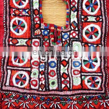 Vintage Mirror Work Dress Piece Patches - Hand Embroidered Gypsy Antique Neck Yoke Patch photo-2