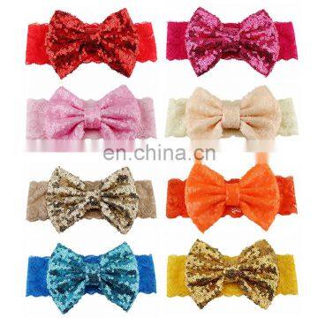 5Inches Girl Sequin Bows Headband Solid Color Kids Lace Patchwork Hairband 19Colors