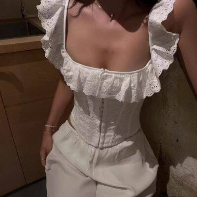 Female French-style Hot Girl Girlie Girl With Sweet and Fresh Style, Strapless, Form-fitting, Lace-edged, Frilled Blouse photo-3