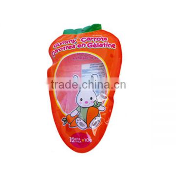 carrot shape baby food jelly pouch bag with hang hole and clear window