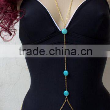 Simple Waist Chain Gold Plated Body Chain With Green Stone