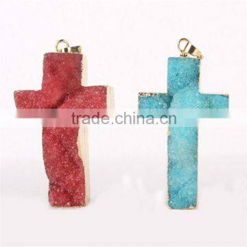 Golden Electroformed Edge Dyed Colors cross Natural Druzy Drusy Agate Geode Pendant Bead necklace--OEM welcome