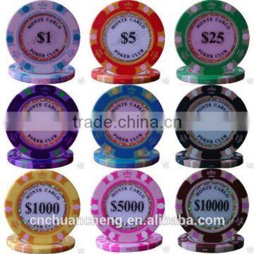 Hot sales casino quality customized professonal OEM supply 3-tone color crown Monte Carlo clay poker game chips sticker