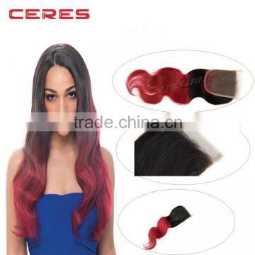 Ombre 1b/red color brazilian hair lace closure