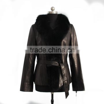 2015 New fashion women leather coat with fox fur trim hot sale