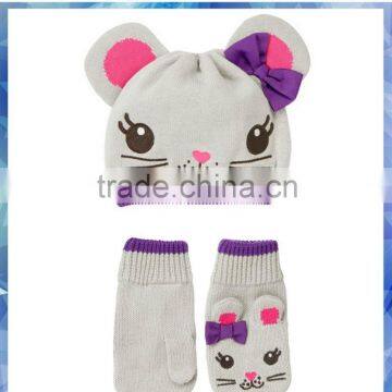 100% cotton mouse knit kids hat and gloves with purple bowknot