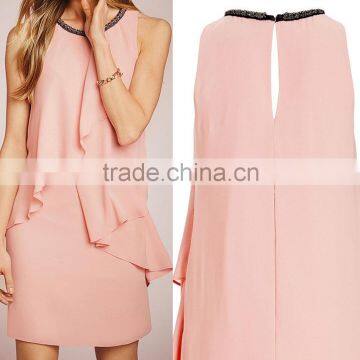 Sleeveless beaded neckline ruffled wholesale price mini party dress