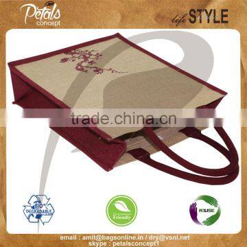 Three Bottle Jute Wine Bag With Wooden Cane Handle photo-3