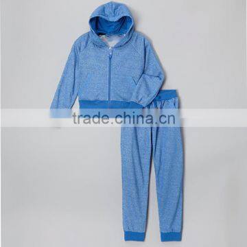 China Clothing Factory Wholesale Plain Blue Lace Detail Hoodie & Sweatpants Suit Cute Children Hoodies Set For Kids