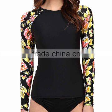 80% Nylon 20% Elastane Woman Lightweight Swimwear Raglan Sleeve Scoop Colorful Floral Print bjj Long Sleeve Surf Tee Rashguard