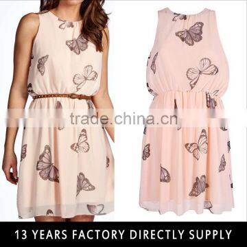 Fashion silk slip butterfly printed skater sleeveless chiffon dress with belt 2016 women clothing