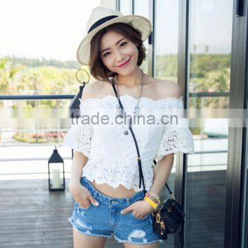 Women fashion white off shoulder boat neck short sleeve lace top blouse