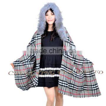 CX-B-P-39 Cheap Genuine Raccoon Fur Trim Pashmina Shawls Wholesale With Hood photo-3