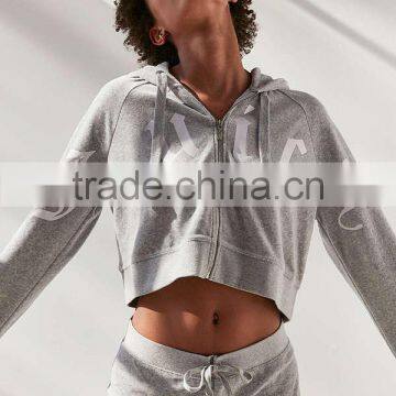 Grey Cropped Zip Hoodie Jacket Printing Long Sleeve 100% Cotton Terry Sweatshirt Loose Women's Hoody Sportswear photo-2