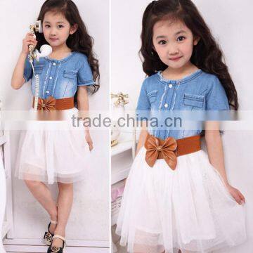Baby Girl's Kids Children Fashion Princess Denim And Tulle Stitching Bow Dress Skirt With Belt 3-8Y SV001489 photo-3