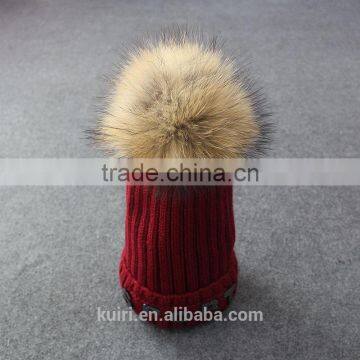 Womens Winter Cap Real Raccoon Fur Poms Hat With Plush Thicken Knit Cap Embroideried photo-5
