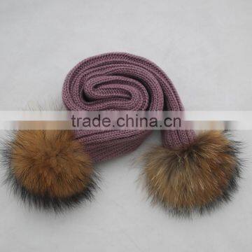 Myfur Classic Ribbed Pattern Knit Scarf for Kids With Two Big Size Natural Raccoon Fur Pom Poms photo-4