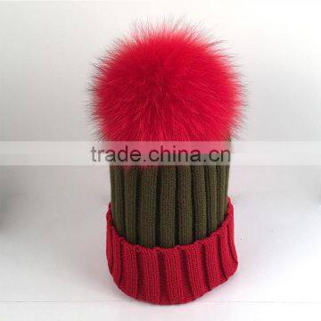 Myfur Adult Woolen Hat Bi-color Fox Body Fur Pom Poms Knitting Beanie Hat