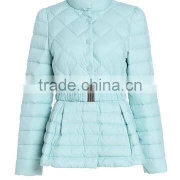 Womens Light Blue Slim Fit Button-up Down Jacket With Adjustable Elastic Belt photo-2