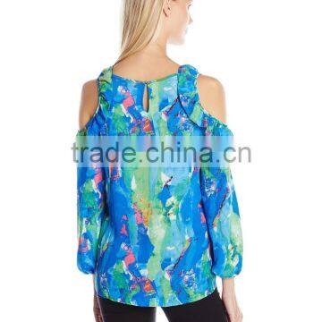 Women's Printed Long Sleeve Scoop Neck Cold Ruffle Shoulder Blouse photo-6