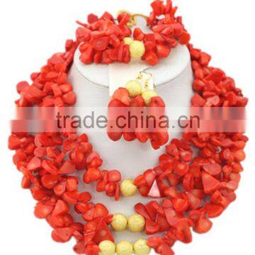 Gold-Plated 3Rows Melon Seeds Coral Beads African Bridal Jewelry Set