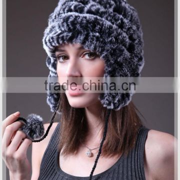 Factory Sale YR378 Fashion Style Girls Winter Warm Yarn & Knitted Rabbit Fur Hat