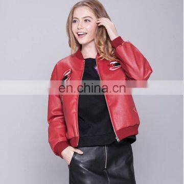 Cheap New design Women's Faux Leather Bomer Jacket Baseball Jacket flight Jacket PU jacket with Mouth Embroidery