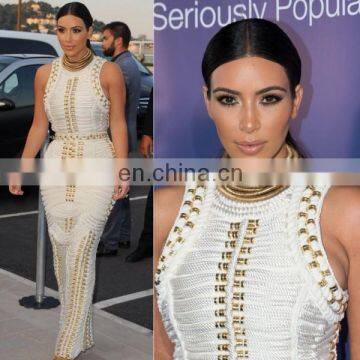 Amigo 2017 New Design White Sleeveless High Slit Heavy Beaded Sexy Bandage Dress Maxi Expensive Evening Dresses for Women Party photo-4