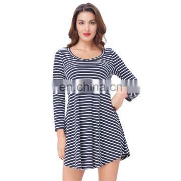 Kate Kasin Womens Casual Loose Striped V-Neck Irregular Hem Cotton Long Sleeve Short Casual Dress KK000509-2