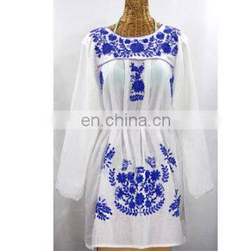 MEXICAN DENIM COLORED FABRICS BLOUSES & DRESS & TUNICS & TOPS EMBROIDERY DESIGNER LONG SLEEVES TUNIC DRESS