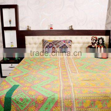 Ethnic Reversible Bedspread Indian Vintage Quilt Old Silk Sari Kantha Quilted Throws,Ralli,Gudari Handmade Tapestery