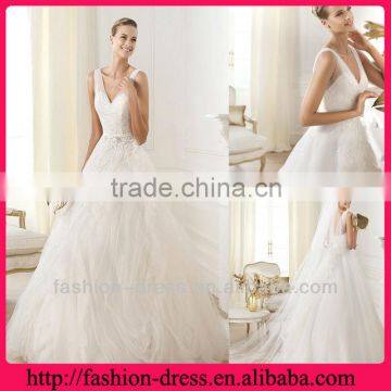2014 Gorgeous V neck Straps Lace Organza And Ruffle Wedding Dress Sash