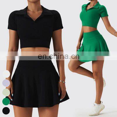 Wholesale Quick Dry Sports Clothing Tennis Dress Short T Shirt 2 Piece Suit Fitness Golf Wear Yoga Sets Women Tennis Skirt Set photo-2