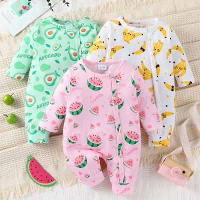 3pcs Newborn Baby's Cartoon Fruit Pattern Onesie, Comfy Casual Long Sleeve Romper, Toddler & Infant Girl's Bodysuit