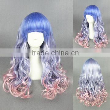 Beautiful Japanese 65cm medium Long Wave blue pink cosplay Synthetic Lolita women wig