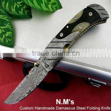 udk f218" custom handmade Damascus folding knife / pocket knife with Damascus steel bolster and Buffalo horn&Camel bone handle