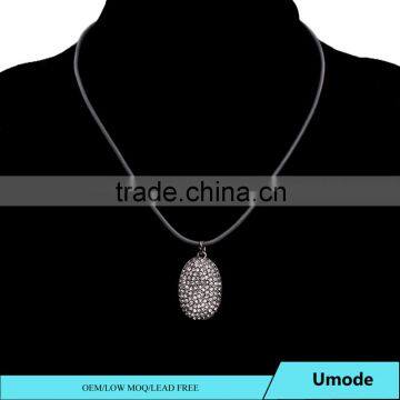 Oval Dragon Egg Leather Pendant Necklace, Gunblack Full Crystal Necklace photo-2