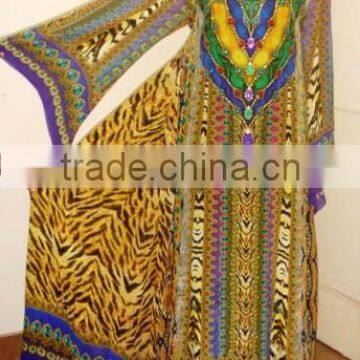 HIGH FASHION DIGITAL PRINTED FARASHA DRESS, BEADS WORK AT NECK JEWELRY.