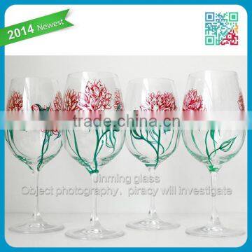 2014 Newest Novel fashion Pink Peonies Wine Glass Set of 4 Hand Painted Glasses